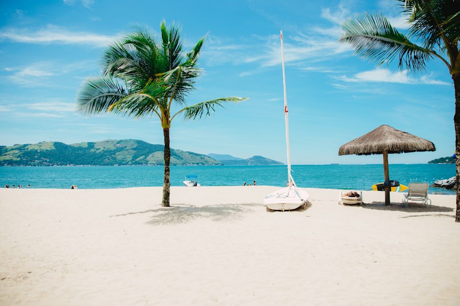 Praia de areia branca com coqueiro